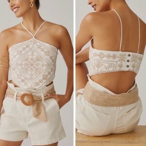 Anthropologie Boho Embroidered Neutral Coastal Festival Halter Crop Top Sz 12